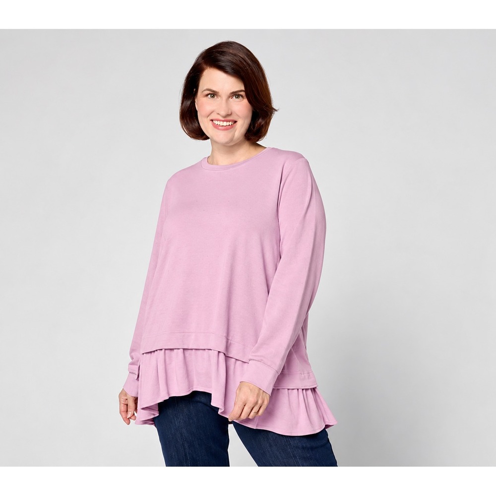 LOGO by Lori Goldstein French Terry Top with Rib Knit Hem Antique Pink,Size 2X